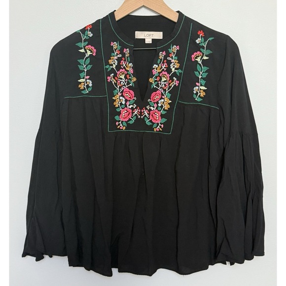LOFT Floral Embroidered Split Neck Bell‎ Sleeve Black Boho Peasant Blouse Size L - Picture 1 of 11